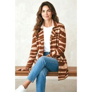 Liverpool Los Angeles Soft Knit Jacket M Brown Cream Stripe Open Front Cardigan